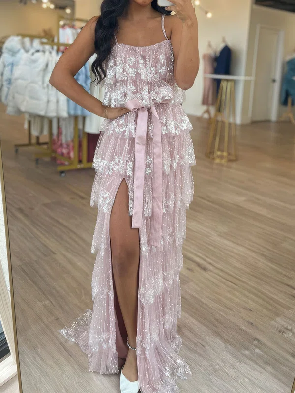 Sheath/Column Square Neck Tulle Tiered Prom Dresses With Appliques #Milly020126671
