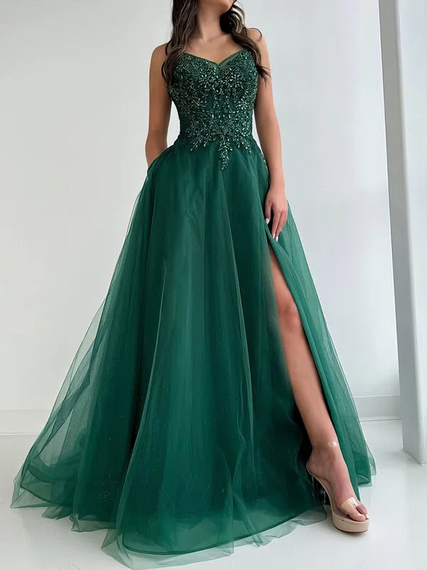 Ball Gown V-neck Tulle Prom Dresses With Appliques #Milly020126672