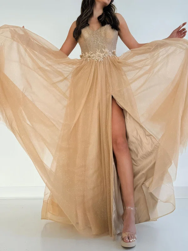 Ball Gown V-neck Tulle Prom Dresses With Beading #Milly020126673