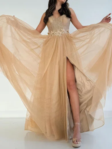 Ball Gown V-neck Tulle Prom Dresses With Beading #Milly020126673
