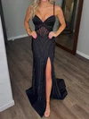 Black Sheath/Column V-neck Satin Beaded Prom Dresses #Milly020126678