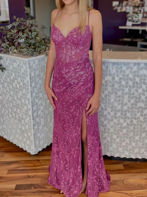 Sheath/Column V-neck Lace Beaded Prom Dresses With Ruched #Milly020126682