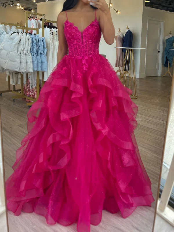 Princess V-neck Tulle Ruffle Prom Dresses With Appliques #Milly020126686