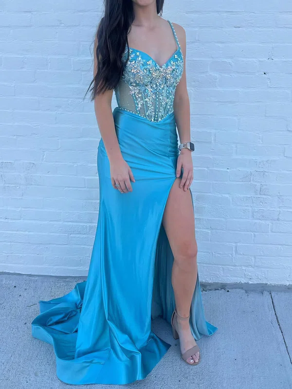 Sheath/Column V-neck Satin Corset Prom Dresses With Appliques #Milly020126689
