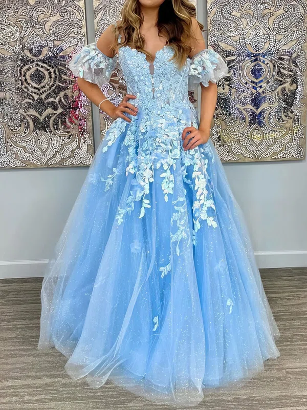 Ball Gown V-neck Tulle Puff Sleeve Prom Dresses With Appliques #Milly020126710
