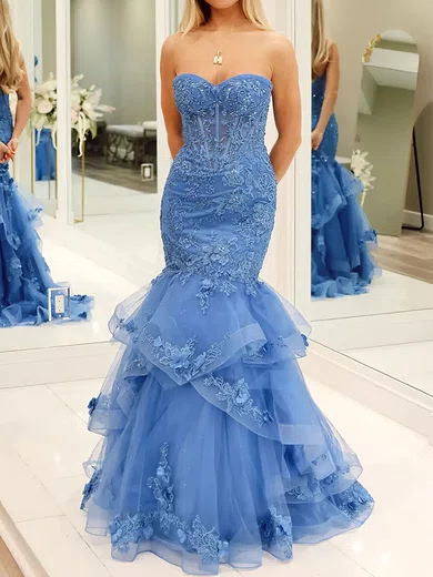 Mermaid Strapless Tulle Ruffle Prom Dresses With Appliques #Milly020126712