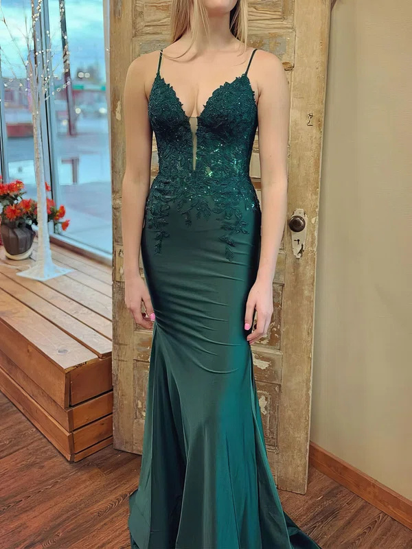 Mermaid V-neck Satin Prom Dresses With Appliques #Milly020126714