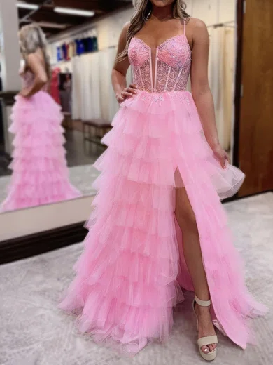 Ball Gown Sweetheart Tulle Tiered Prom Dresses With Appliques #Milly020126727