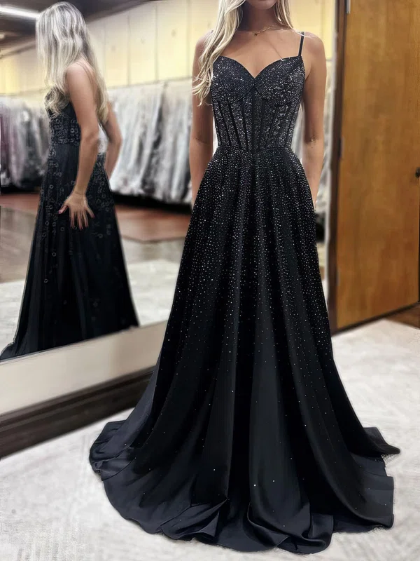 Elegant Black Satin Ball Gown/Princess Beaded Prom Dresses #Milly020126728