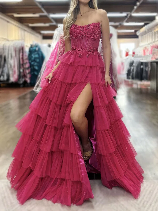 Ball Gown Strapless Tulle Tiered Prom Dresses With Appliques #Milly020126734