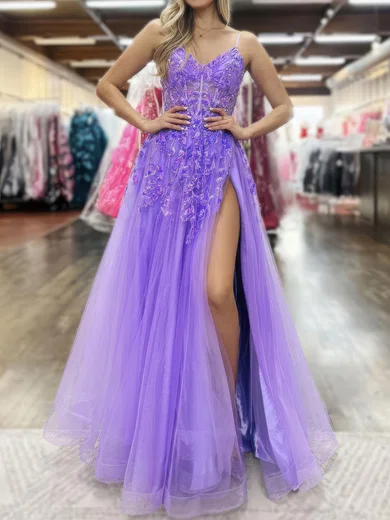 A-line V-neck Tulle Prom Dresses With Appliques #Milly020126735