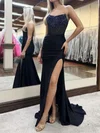 Corset Black Satin Sheath/Column Beaded Ruched Prom Dresses #Milly020126737