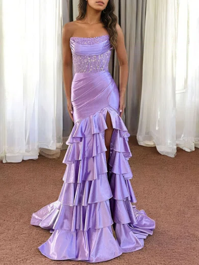 Mermaid Strapless Satin Ruffle Tiered Prom Dresses With Appliques #Milly020126743
