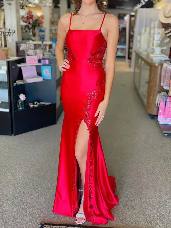 Elegant Trumpet/Mermaid Satin Appliques Split Prom Dresses #Milly020126749