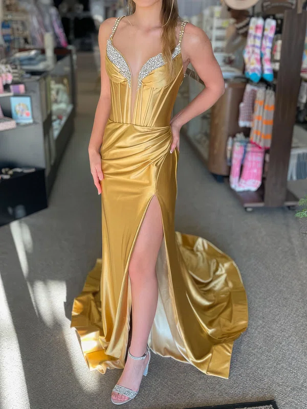 Mermaid V-neck Satin Corset Prom Dresses With Beading #Milly020126757