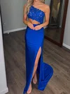 Sheath/Column One Shoulder Lace Satin Cut Out Prom Dresses With Ruched #Milly020126774
