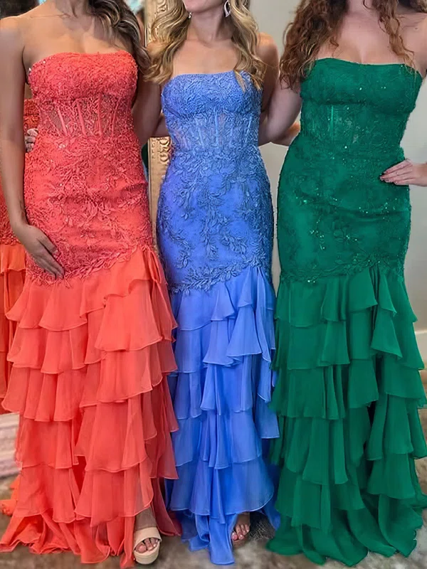 Mermaid Strapless Chiffon Tiered Prom Dresses With Appliques #Milly020126779