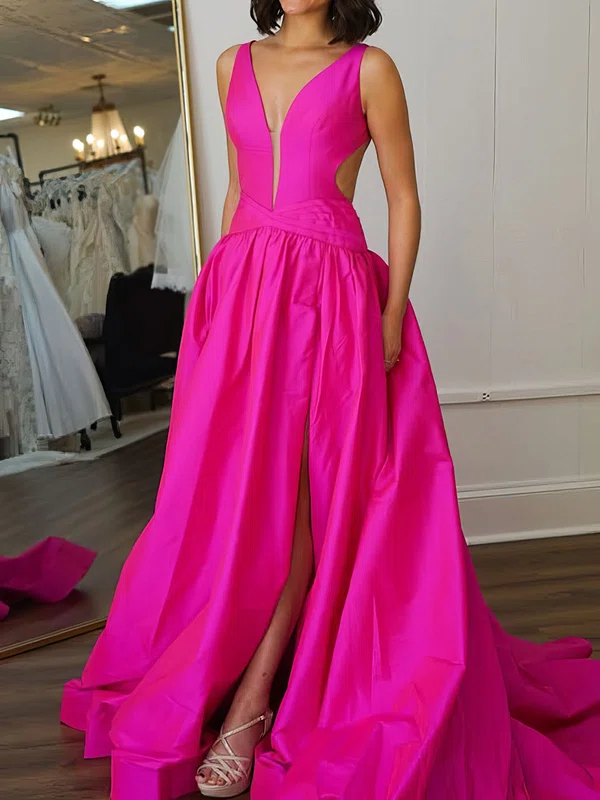Ball Gown V-neck Backless Satin Prom Dresses With Ruched #Milly020126788