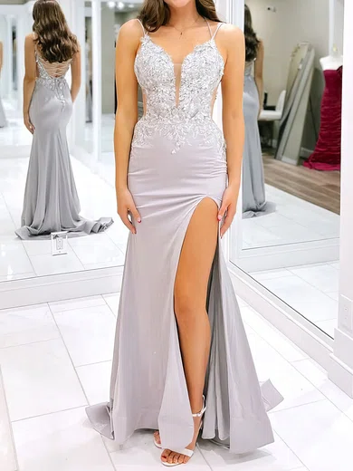 Mermaid V-neck Jersey Prom Dresses With Appliques #Milly020126797