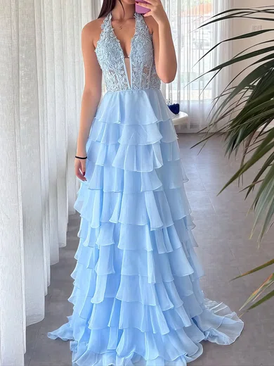 Ball Gown Halter Chiffon Tiered Prom Dresses With Appliques #Milly020126803