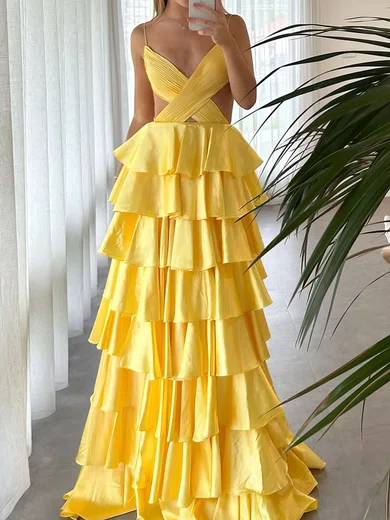Ball Gown V-neck Satin Cut Out Tiered Prom Dresses #Milly020126804