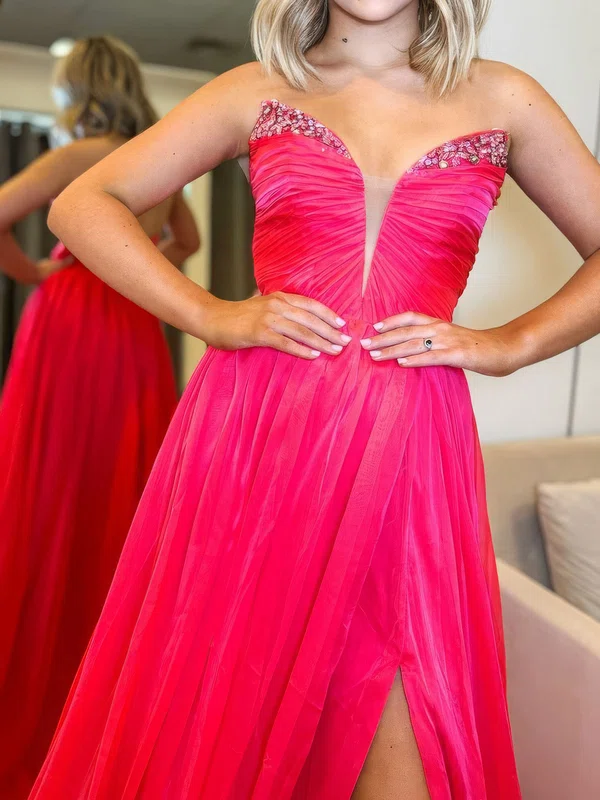 A-line V-neck Satin Pleated Prom Dresses With Beading #Milly020126816