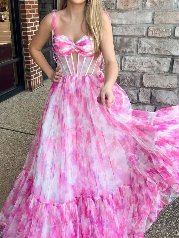 A-line Sweetheart Tulle Floral Prom Dresses With Ruched #Milly020126837