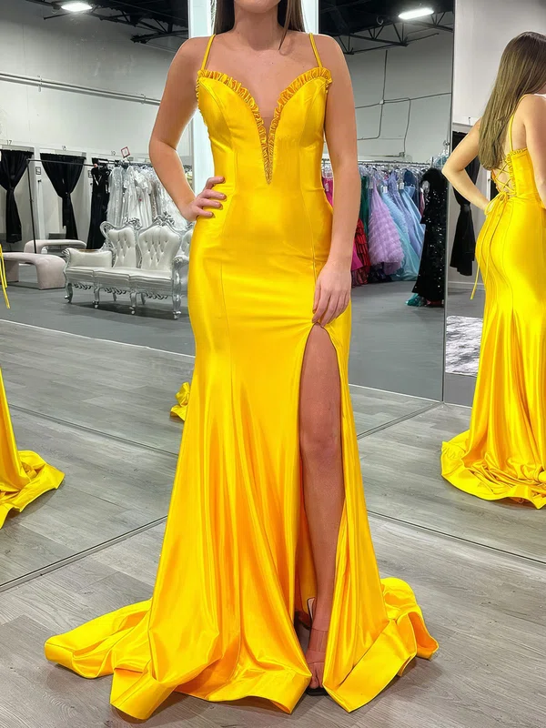 Elegant Trumpet/Mermaid Satin V-neck Split Prom Dresses #Milly020126845