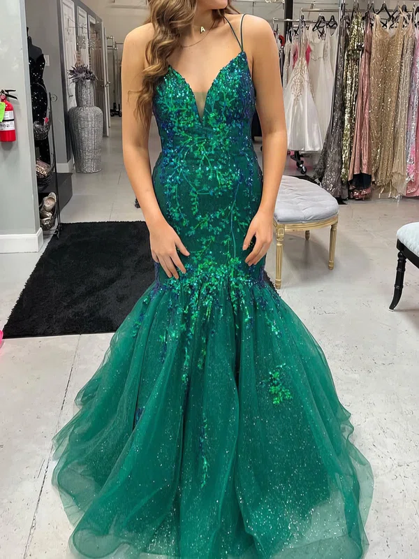 Mermaid V-neck Ruched Tulle Prom Dresses With Appliques #Milly020126854