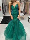 Mermaid V-neck Ruched Tulle Prom Dresses With Appliques #Milly020126854