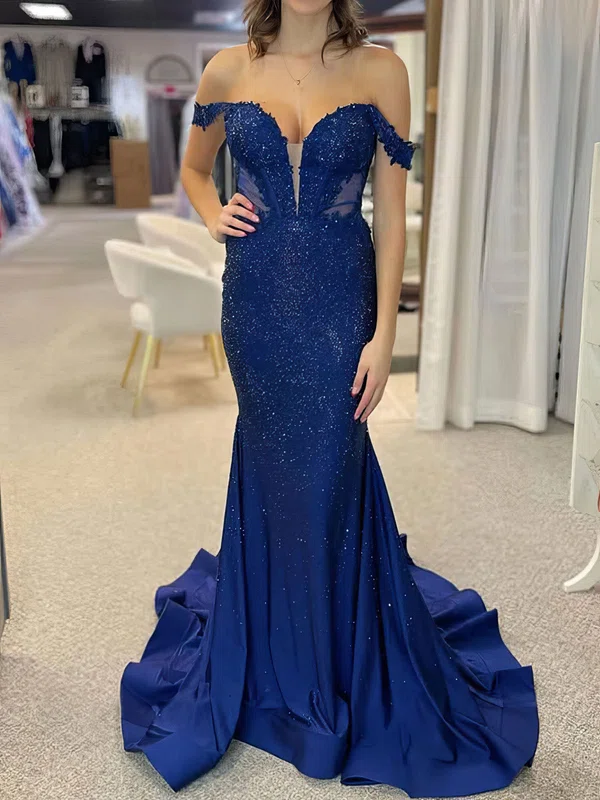 Mermaid Off-the-shoulder Satin Beaded Prom Dresse With Appliques #Milly020126864