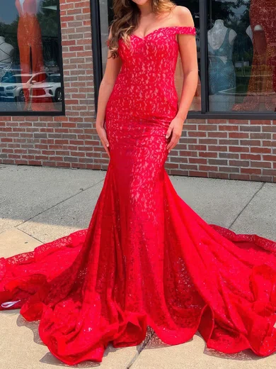 Red Mermaid Off-the-shoulder Lace Prom Dresses #Milly020126873