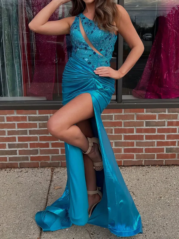 Sheath/Column One Shoulder Satin Cut Out Prom Dresses With Beading #Milly020126875