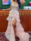 Ball Gown V-neck Tulle Tiered Prom Dresses With Appliques #Milly020126876