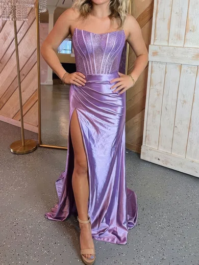 Sheath/Column Strapless Satin Corset Prom Dresses With Beading #Milly020126884