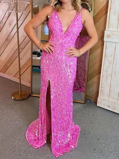 Sheath/Column V-neck Backless Sparkly Sequin Prom Dresses #Milly020126885
