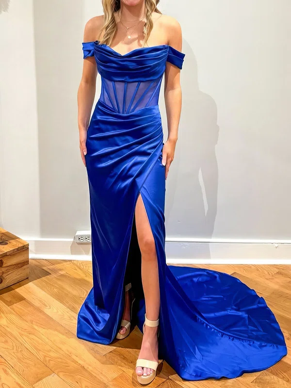 Sheath/Column Off-the-shoulder Satin Corset Prom Dresses With Ruched #Milly020126890