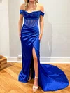 Sheath/Column Off-the-shoulder Satin Corset Prom Dresses With Ruched #Milly020126890