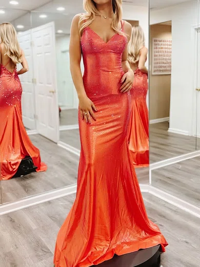 Mermaid V-neck Satin Beaded Prom Dresses With Ruched #Milly020126892