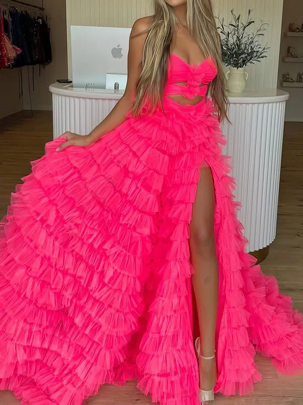 Ball Gown Strapless Tulle Cut Out Ruffle Tiered Prom Dresses #Milly020126901