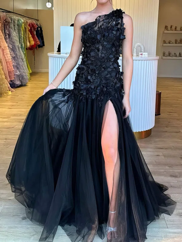 Black Mermaid One Shoulder Tulle 3D Floral Prom Dresses #Milly020126904