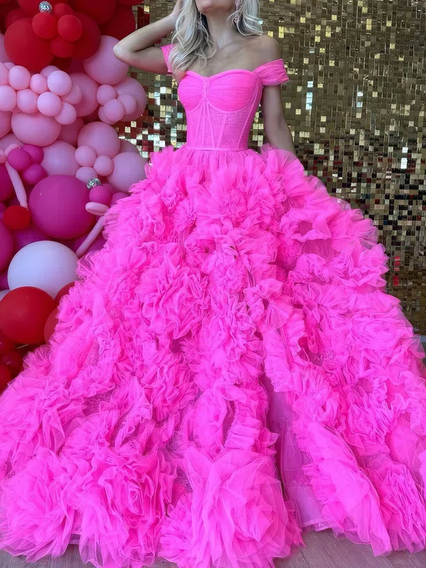 Ball Gown Off-the-shoulder Tulle Ruffle Tiered Prom Dresses #Milly020126905