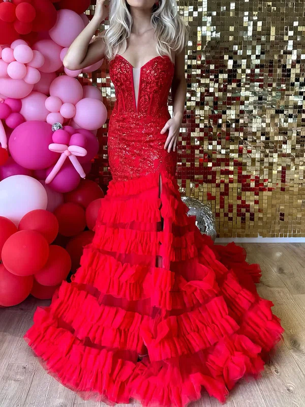 Mermaid Strapless Tulle Ruffle Tiered Prom Dresses With Appliques #Milly020126906