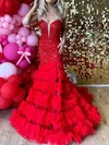 Mermaid Strapless Tulle Ruffle Tiered Prom Dresses With Appliques #Milly020126906