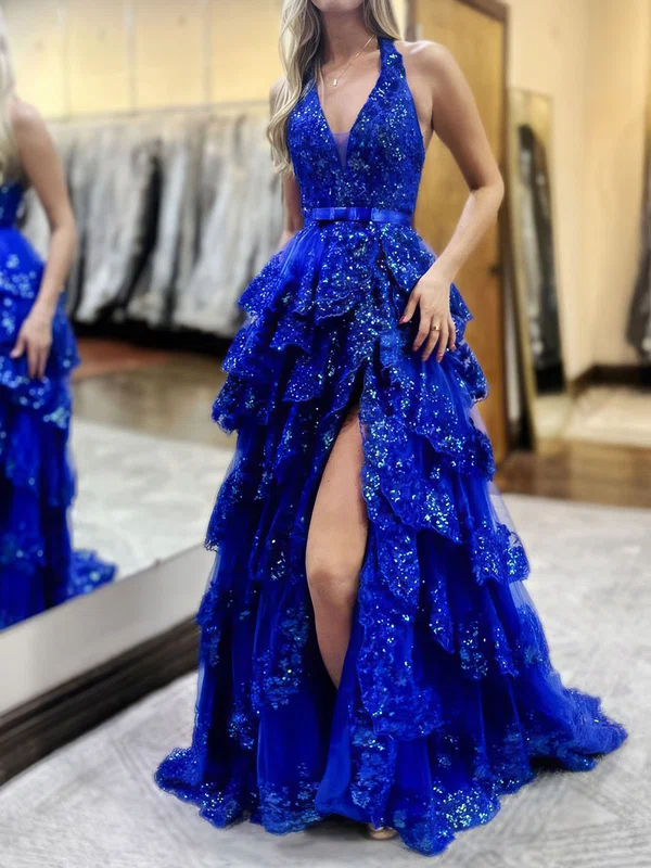 Ball Gown Halter Sequin Backless Tiered Prom Dresses #Milly020126911