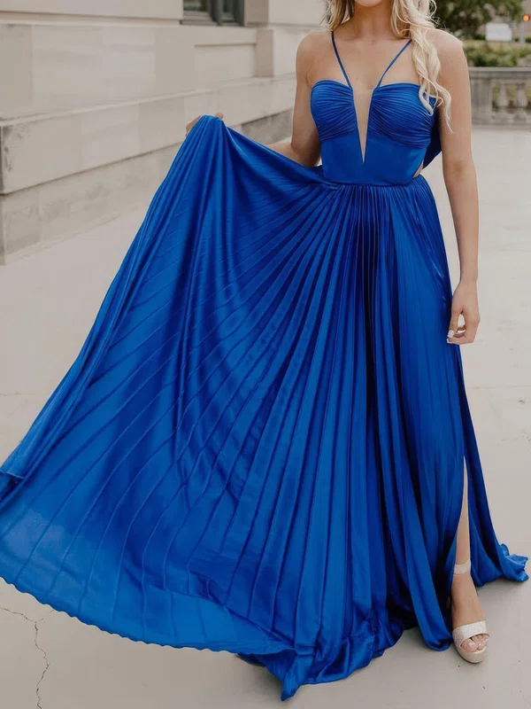 Unique A-line Satin Halter Pleated Split Prom Dresses #Milly020126915