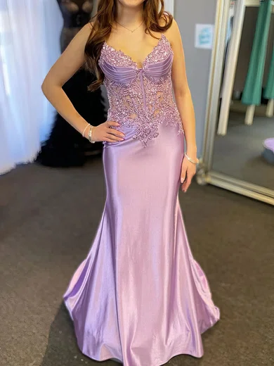 Mermaid V-neck Satin Corset Prom Dresses With Appliques #Milly020126918