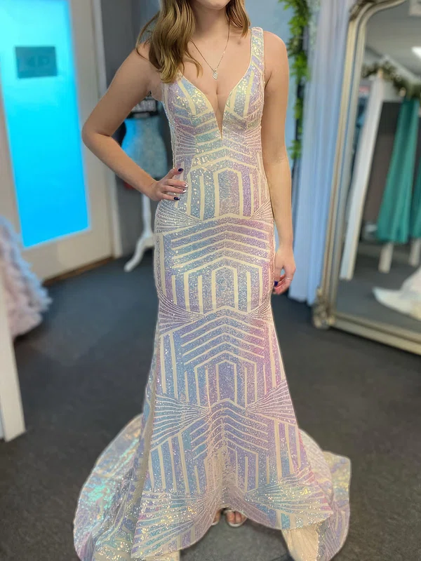 Mermaid V-neck Sparkly Sequin Prom Dresses #Milly020126920