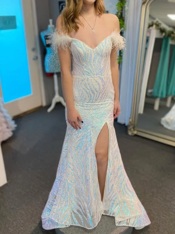 Mermaid Off-the-shoulder Sparkly Sequin Prom Dresses With Feather #Milly020126923
