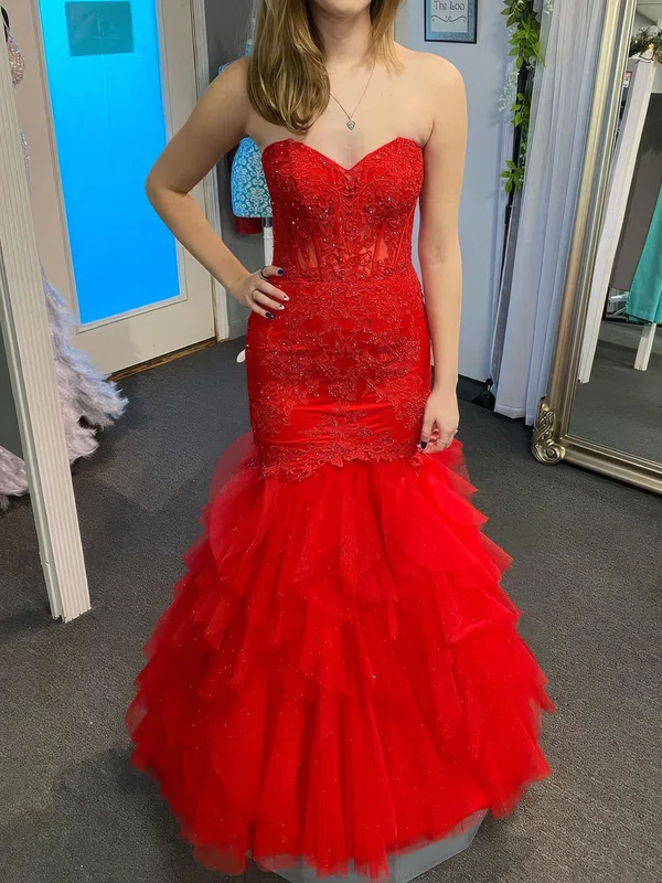 Mermaid Strapless Tulle Ruffle Tiered Prom Dresses With Appliques #Milly020126925